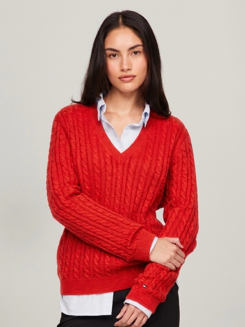 Tommy Hilfiger Red Cable Knit V-Neck Size XL 100% Cotton Classic Preppy Fall 90s